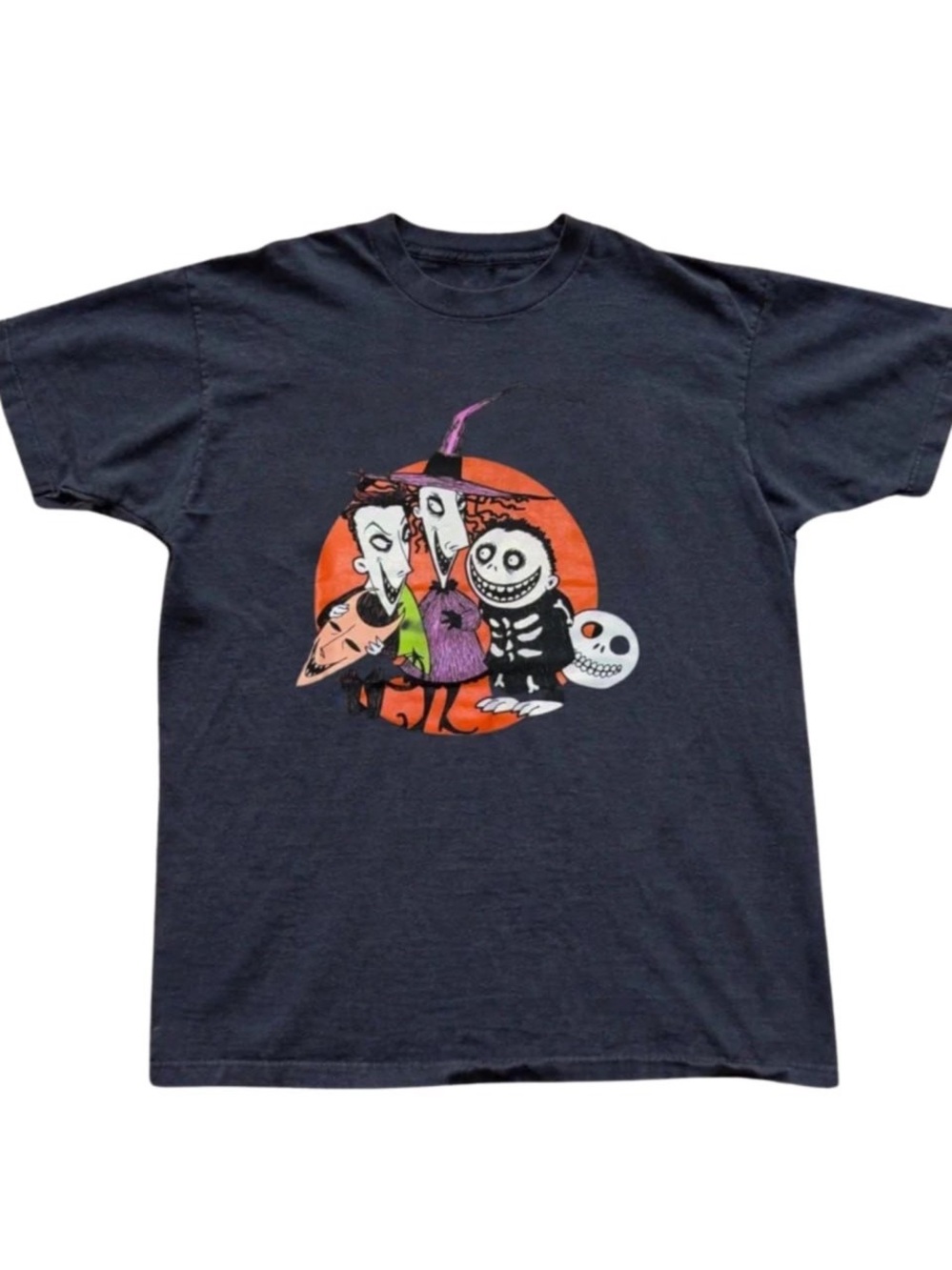 Black Halloween Character Graphic Tee with Orange Moon & Multicolor Print